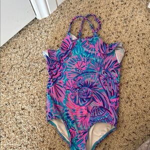 Lilly Pulitzer Girls Pink and Teal Abstract One-Piece Swimsuit